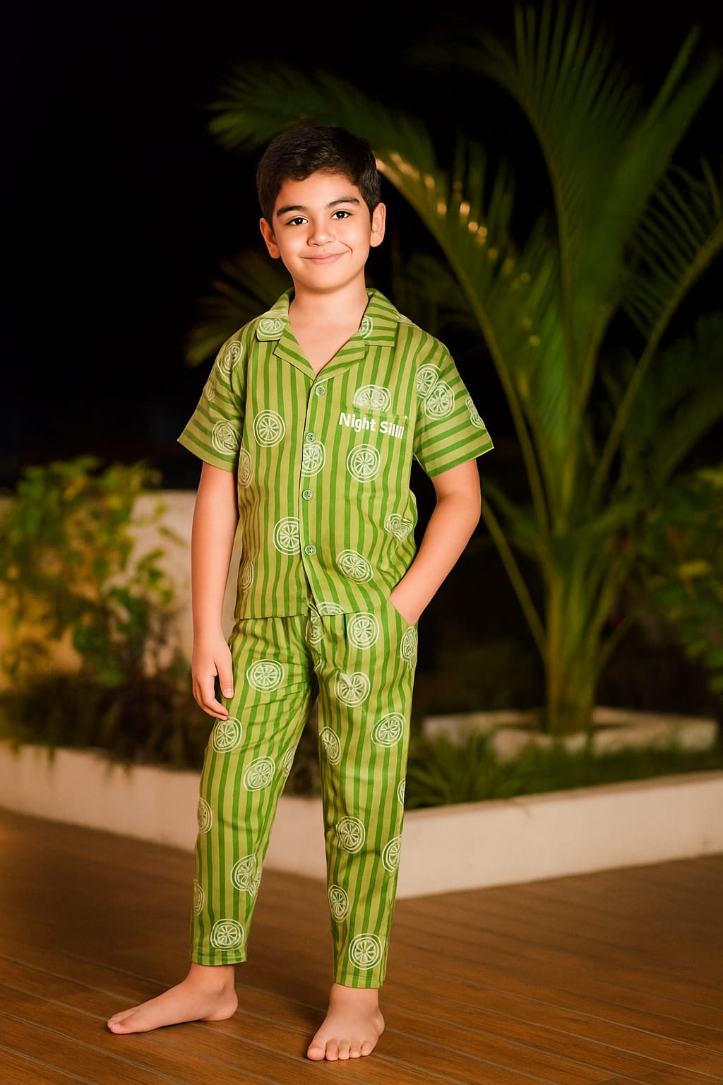 Boys' Lime Green Striped Night Suit – Comfy Cotton Sleepwear Set