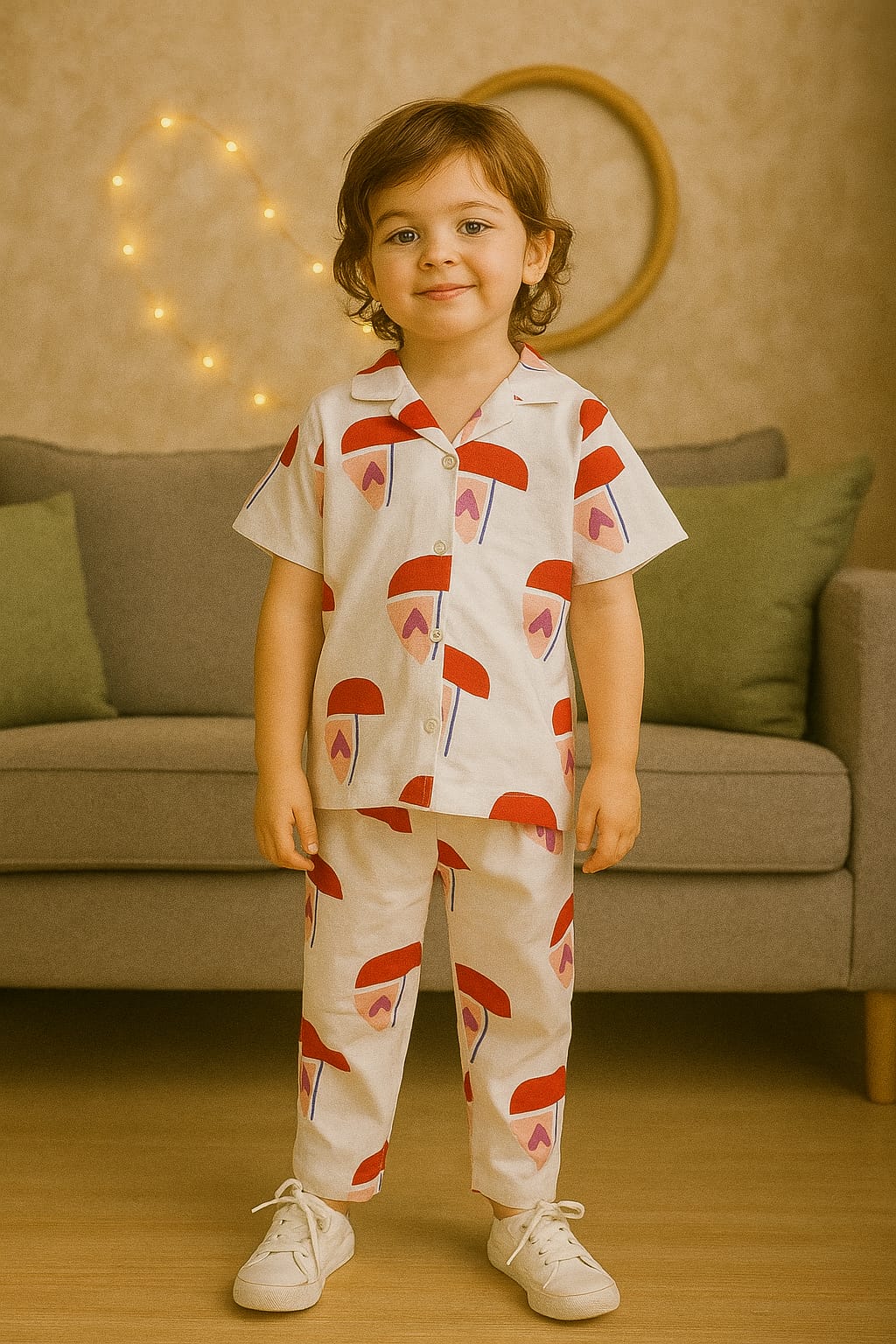 Kids’ Creamy Umbrella Print Cotton Night Suit