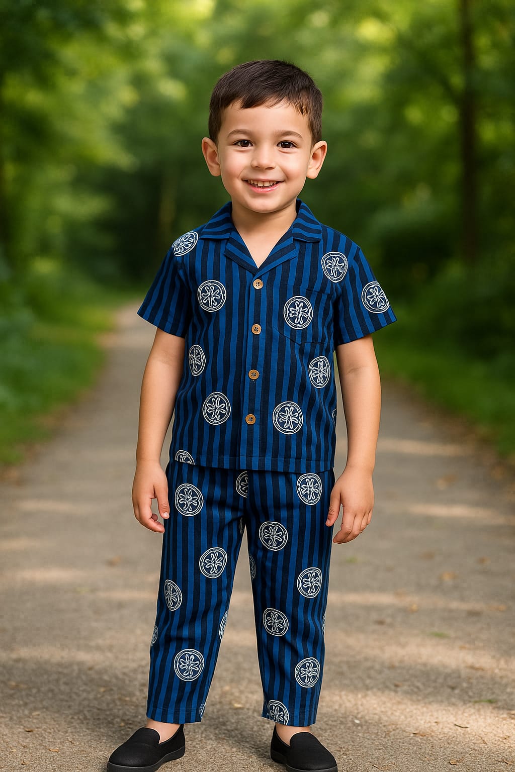 Boys’ Navy Blue Striped Night Suit with Abstract Circle Print