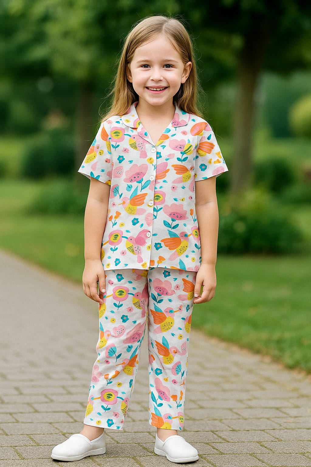 Floral Bird Print Cotton Night Suit for Girls