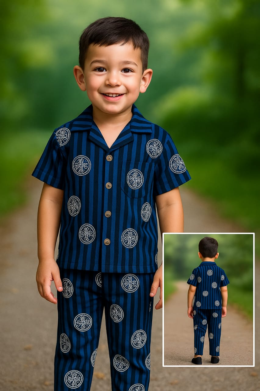 Boys’ Navy Blue Striped Night Suit with Abstract Circle Print