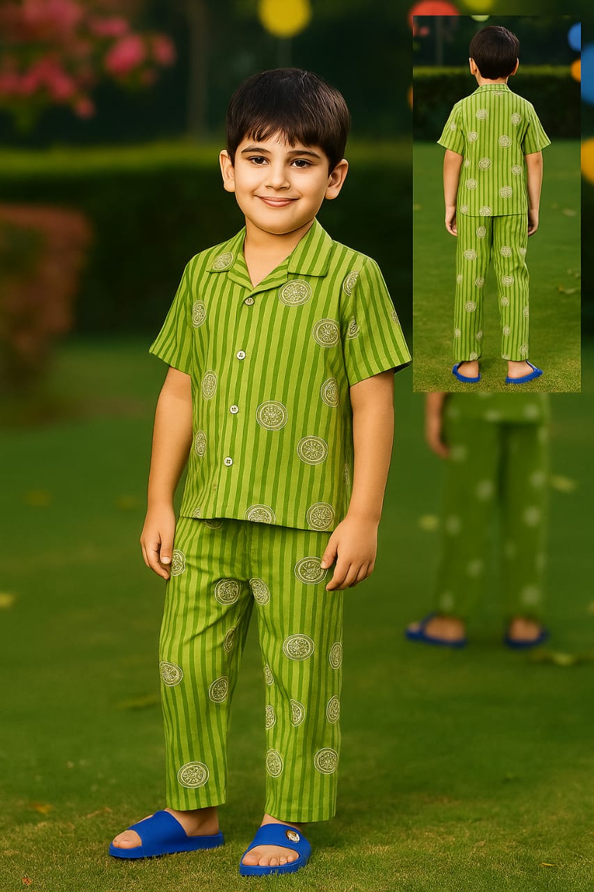 Boys' Lime Green Striped Night Suit – Comfy Cotton Sleepwear Set