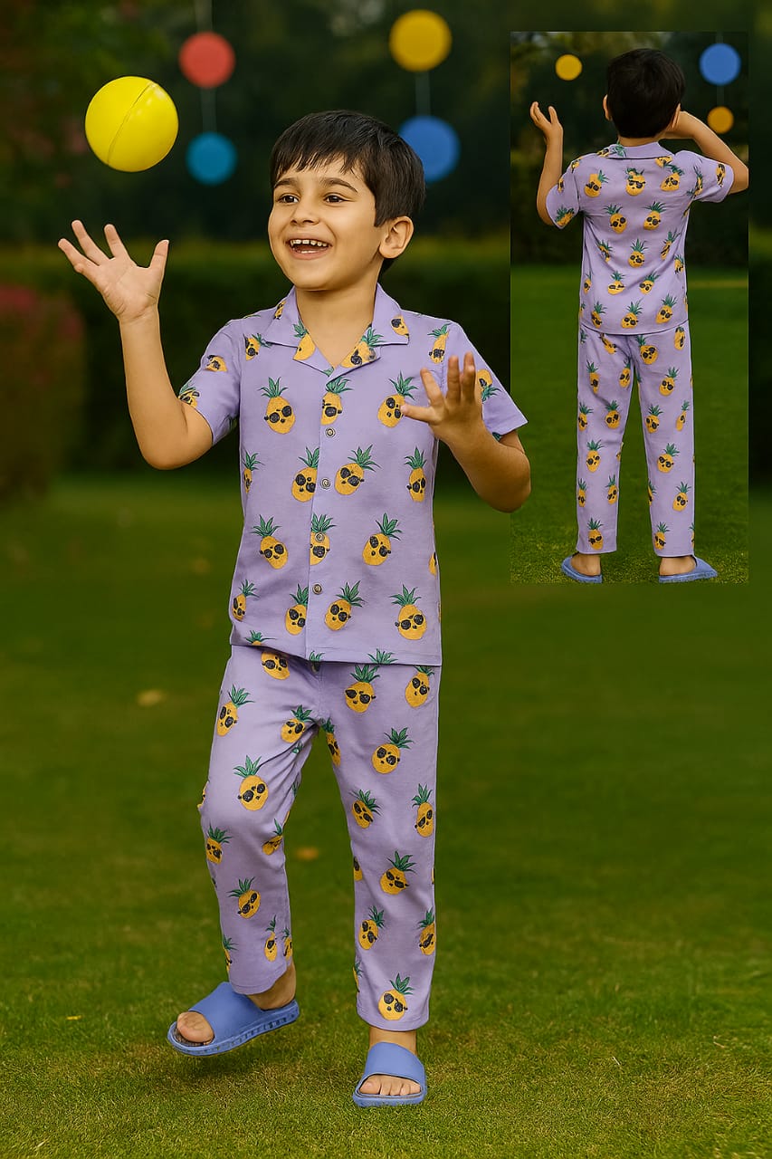 Boys’ Cool Pineapple Print Night Suit – Lavender Edition