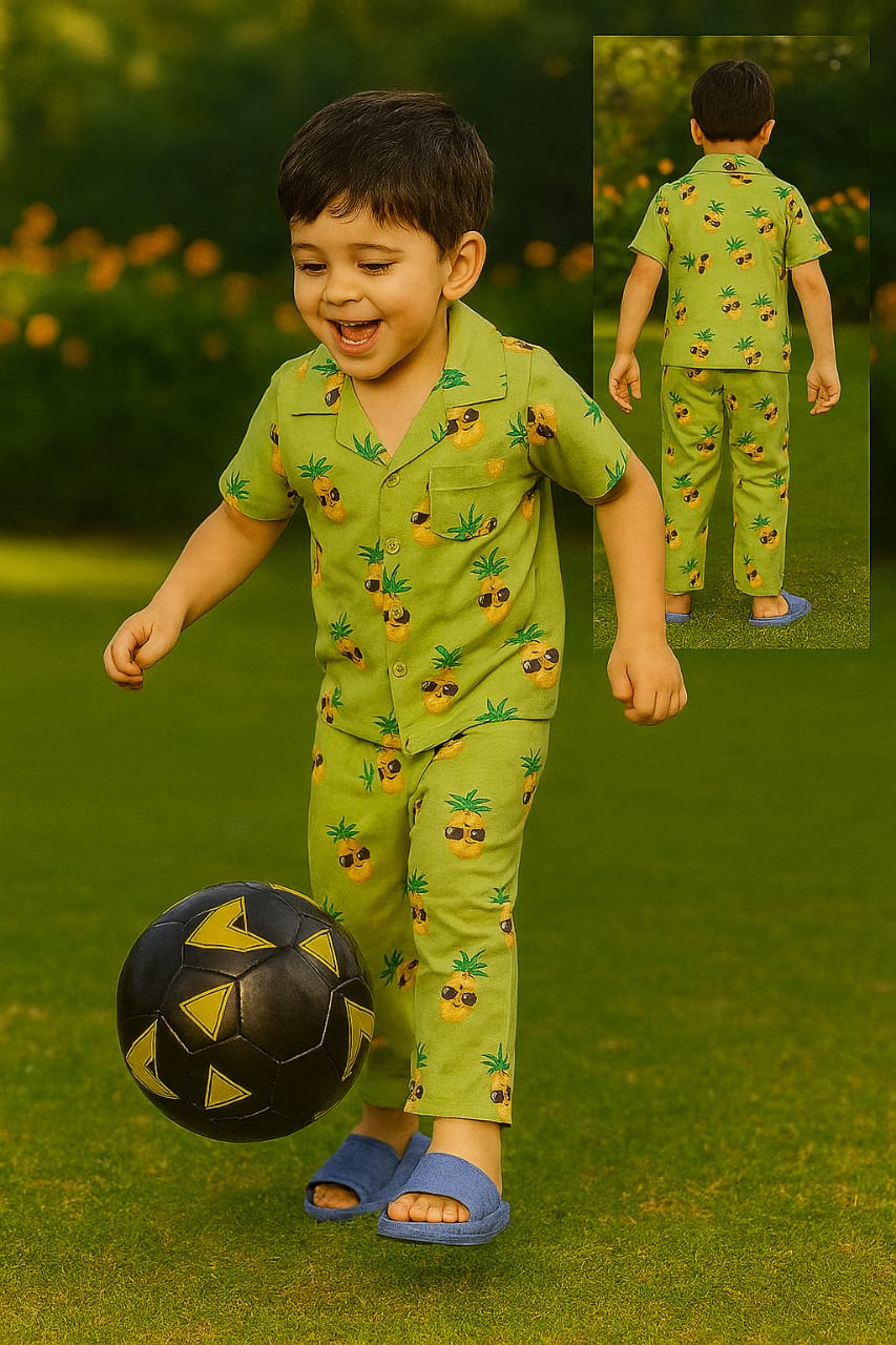 Boys’ Tropical Pineapple Printed Green Cotton Night Suit